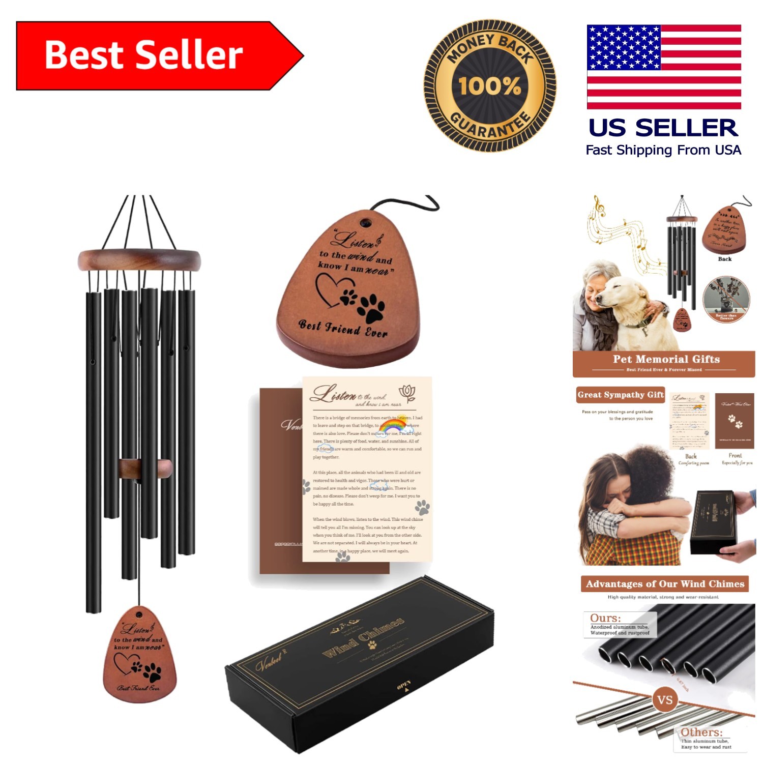Hand-Tuned 28″ Dog Memorial Wind Chimes – Heartwarming Bereavement Gift