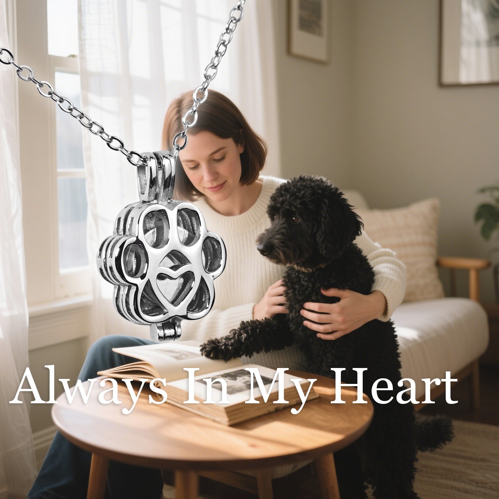 Silver Paw Print Heart Pet Ashes Memorial Necklace with Inner Box For Dog&Cat