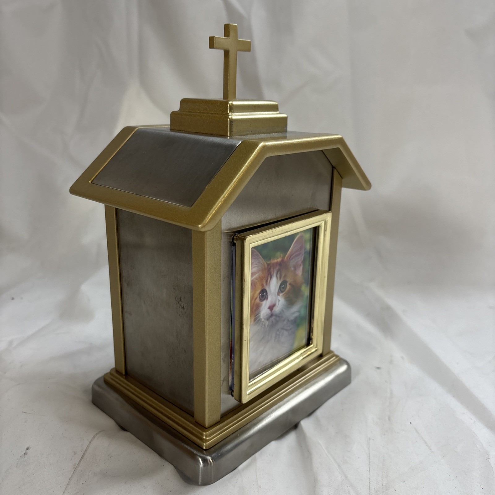 Pet Urn Brushed Chrome and Gold Color Trim Dog / Cat Cremation Urn Cross Journey