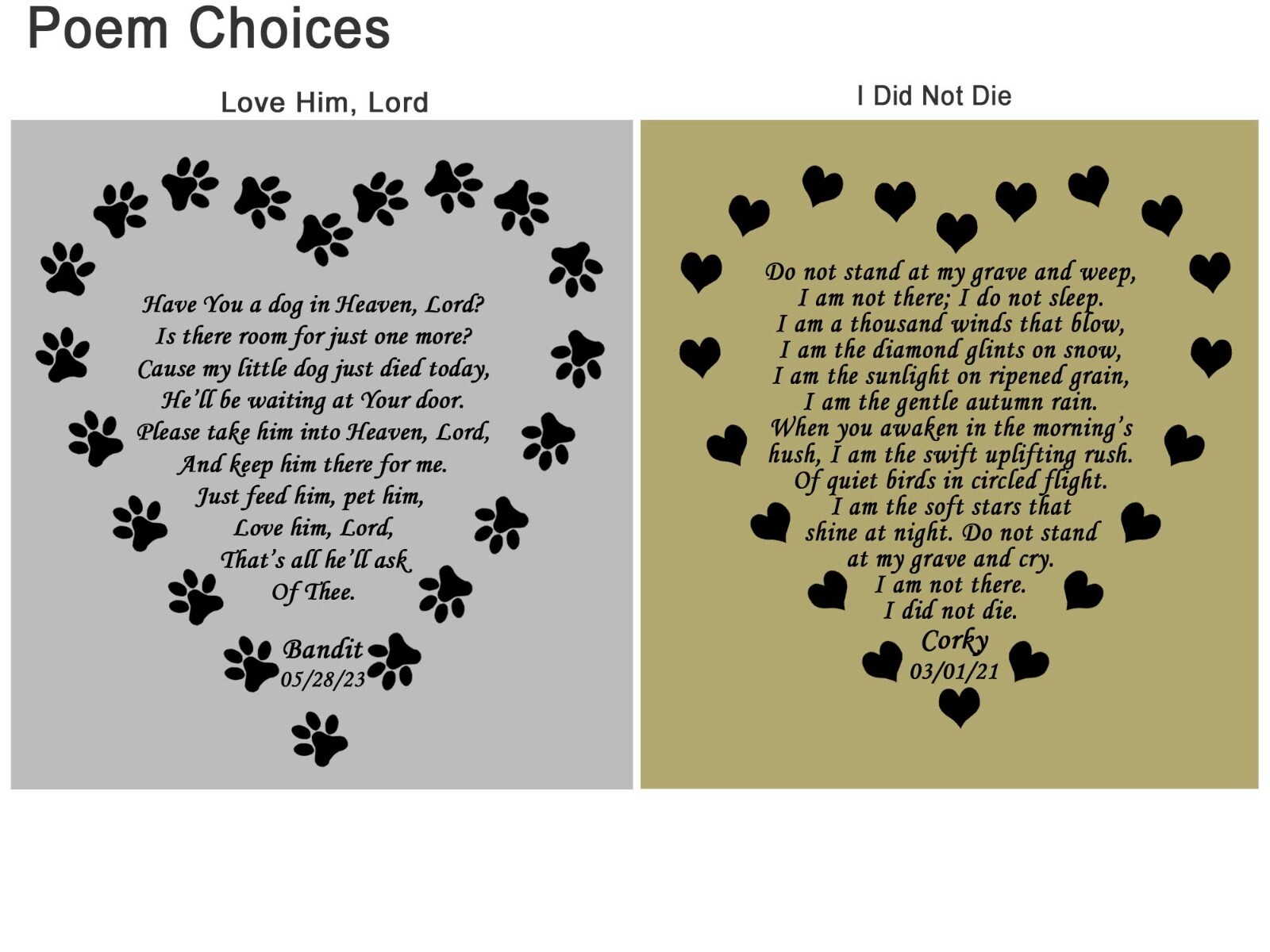 Custom Engraved Pet Name Plate, Pet Loss Poem Plate, Multiple Choices, Dog, Cat