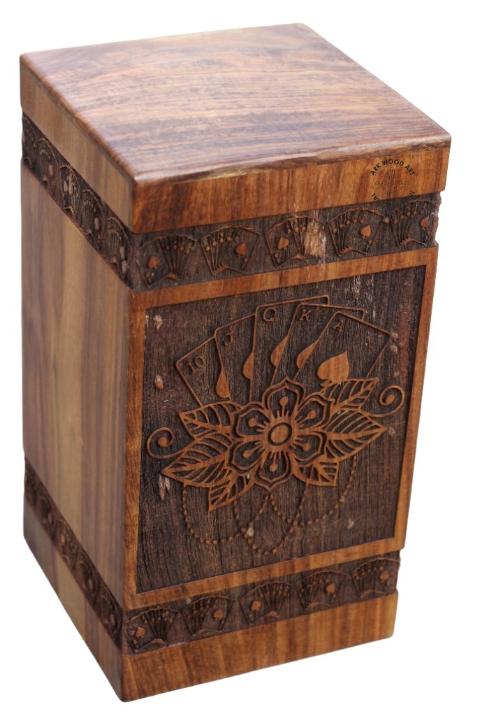 Vintage Conjure playing cards with lotus flower Wooden box for Human Ashes Male