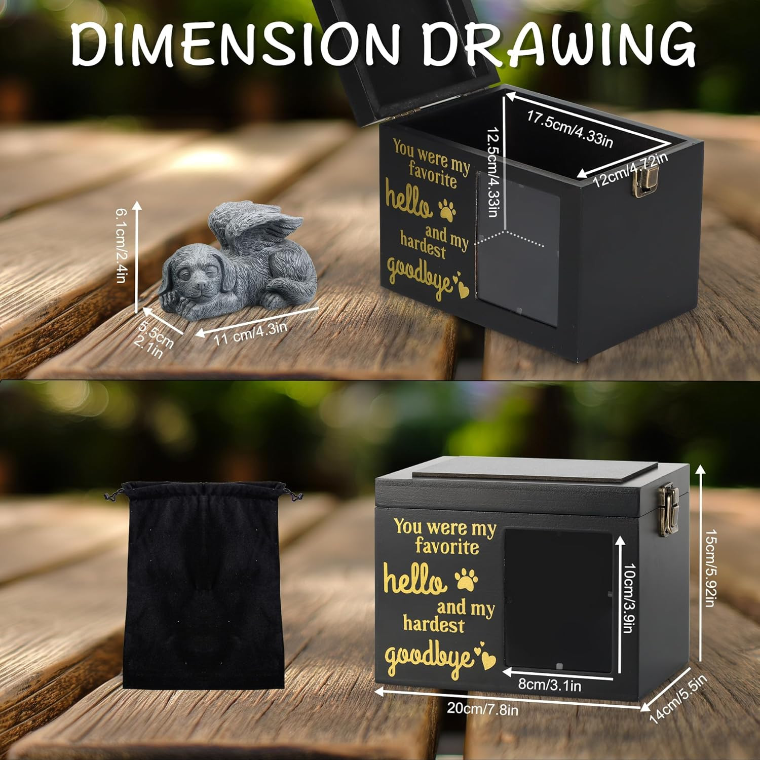 Large Dog Urn for Ashes, Black Wooden Pet Keepsake with Photo Frame, Memory Box