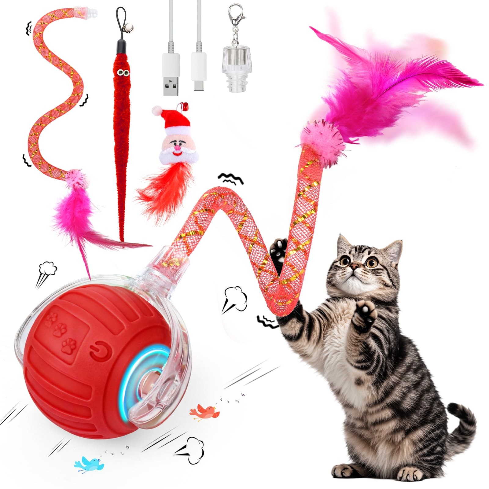 Interactive Cat Toy Ball w/ Feather Tails – Christmas Gift for Indoor Cats