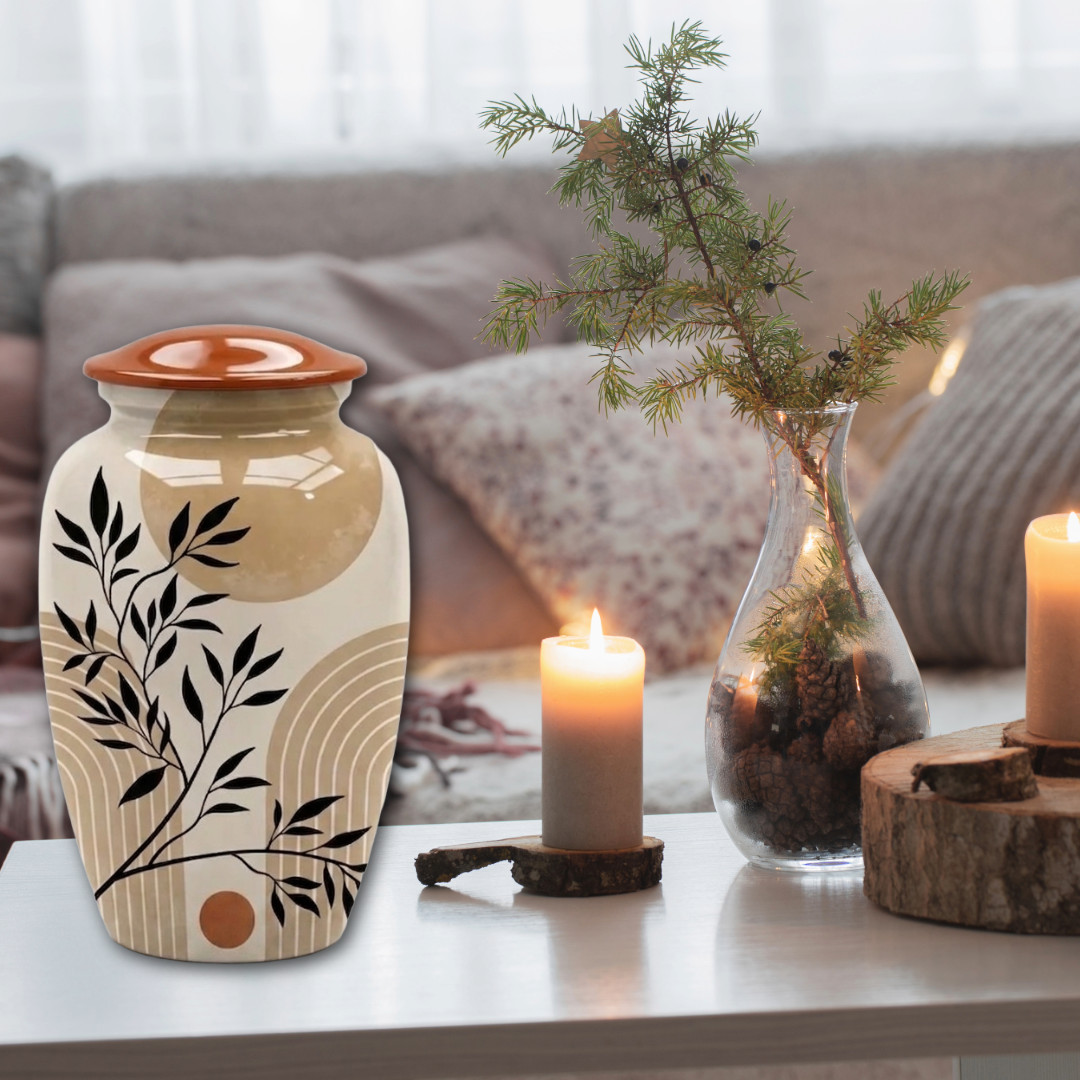 Modern Beige Cremation Urn for Ashes Adult 190 Cu In Memorial Urn 10″x6.5″ w/Bag
