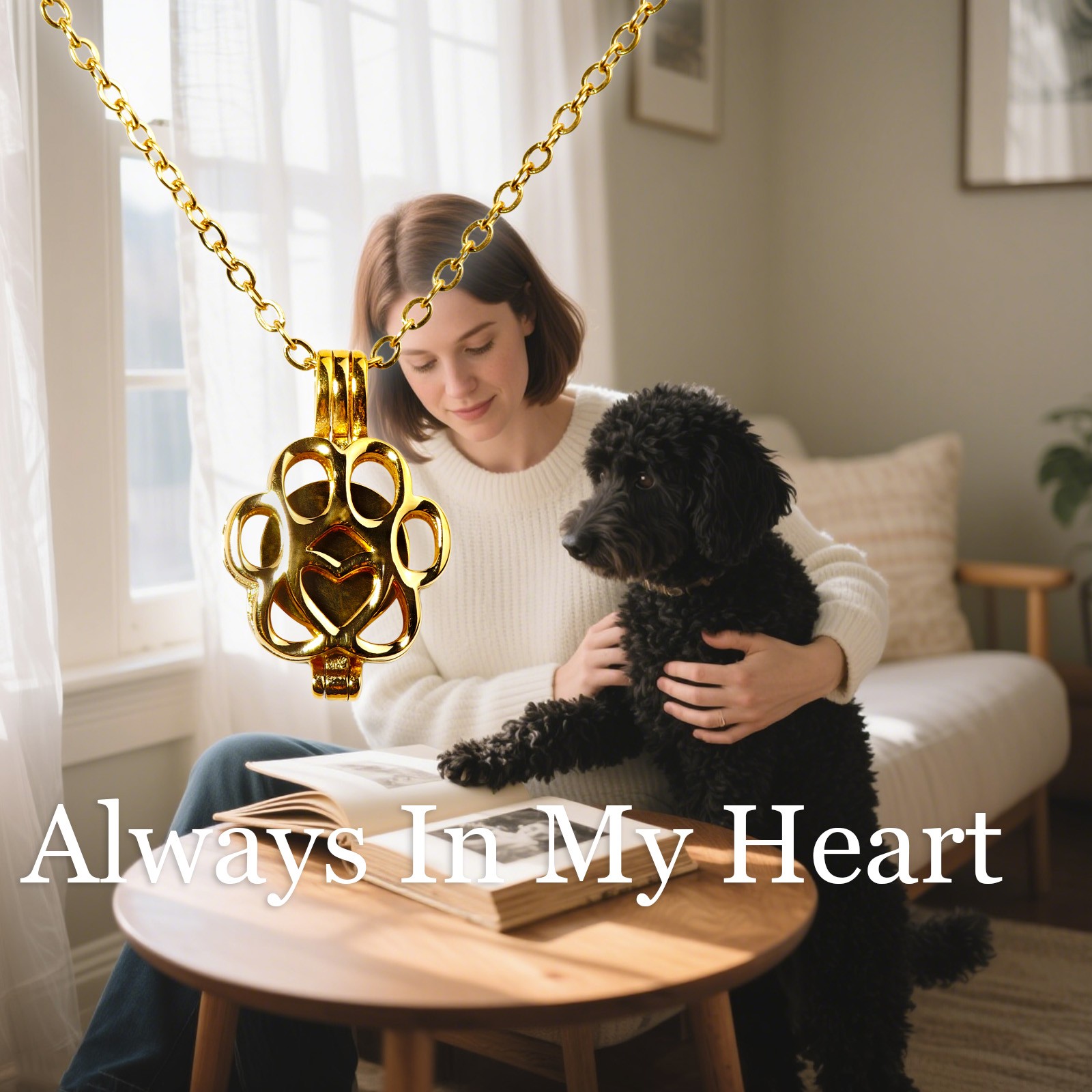 Gold Paw Print Heart Pet Ashes Memorial Necklace with Inner Box Fit For Dog&Cat