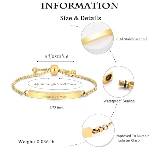 Heart Cremation Bracelet for Ashes Stainless Steel Urn Bangles for Ashes Gold