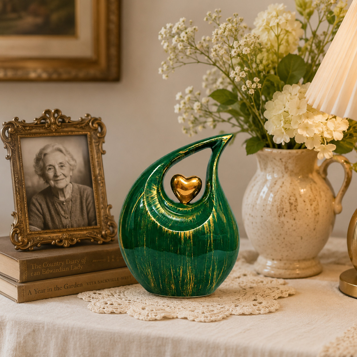 New Large Green Gold Teardrop Cremation Urn Human Adult Ashes 200 Cu In Memorial