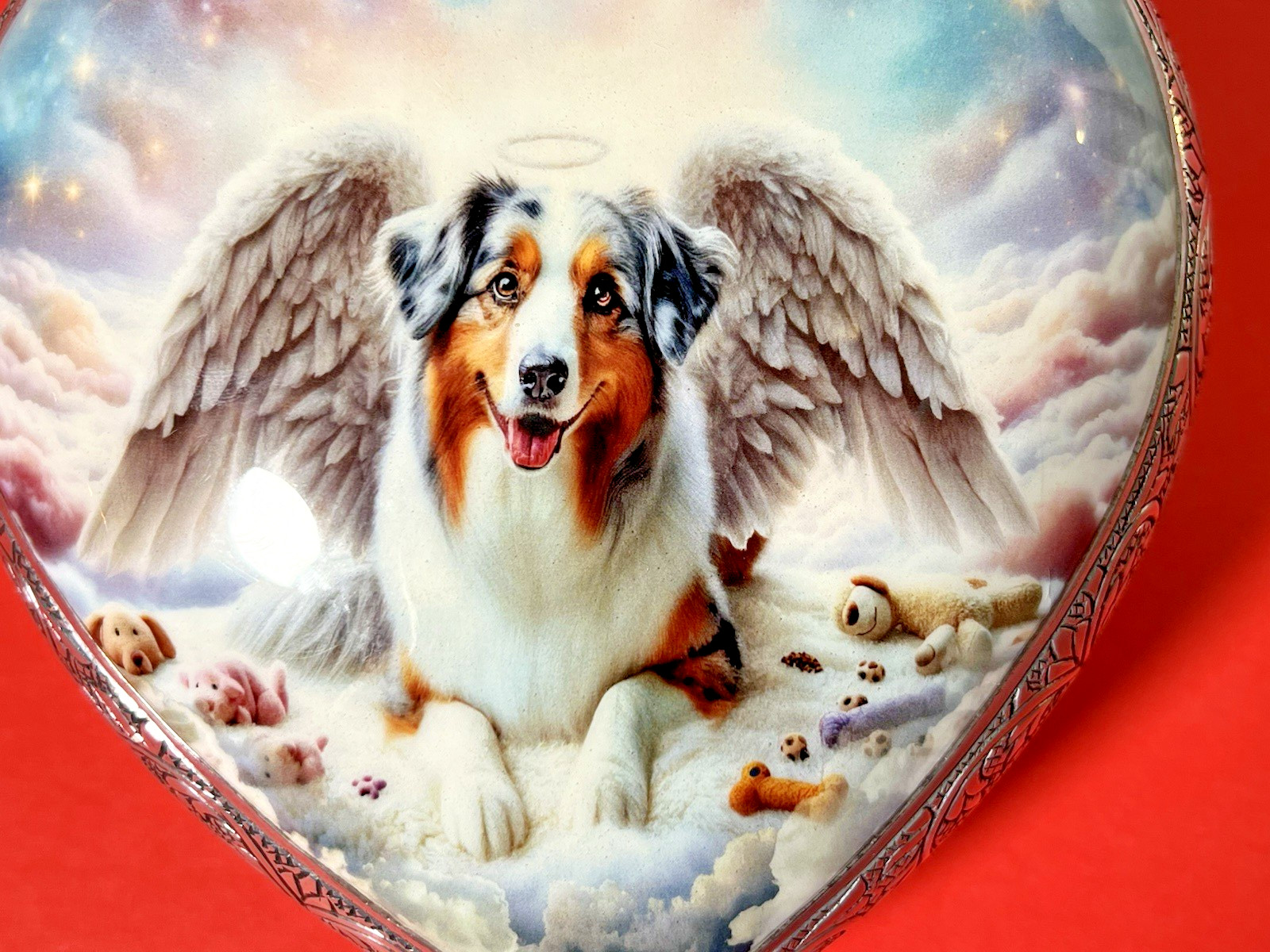 Australian Shepherd Memorial Dog Funeral Urn w/Silver Color Hand Etched Border