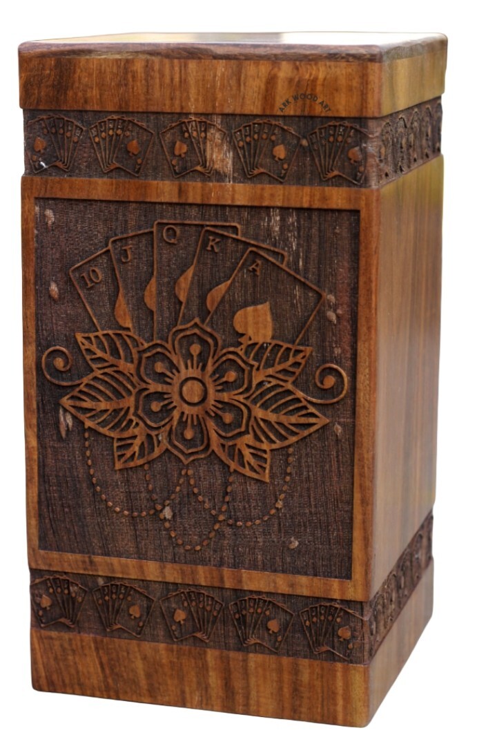 Vintage Conjure playing cards with lotus flower Wooden box for Human Ashes Male