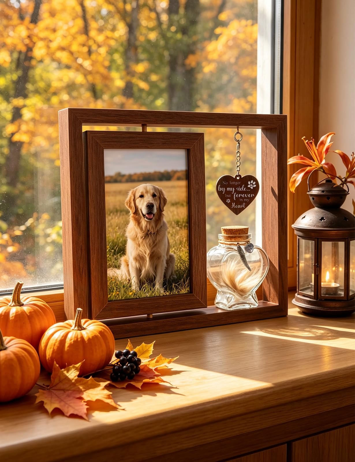 Bomis Dog Memorial Gift Rotating Wooden Frame For 4X6 Fur Keepsake Jar Present