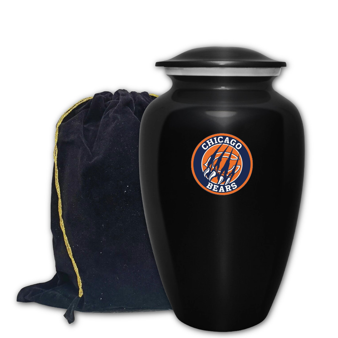 Large Chicago Bears Football Theme Cremation Black Urn Adult Human Ashes w/Bag