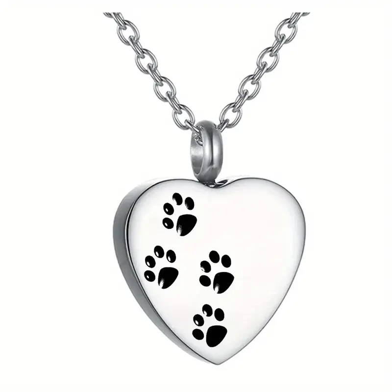 “Paw Print Design” Pet Memorial Necklace – Heart Pendant Urn For Pet Ashes