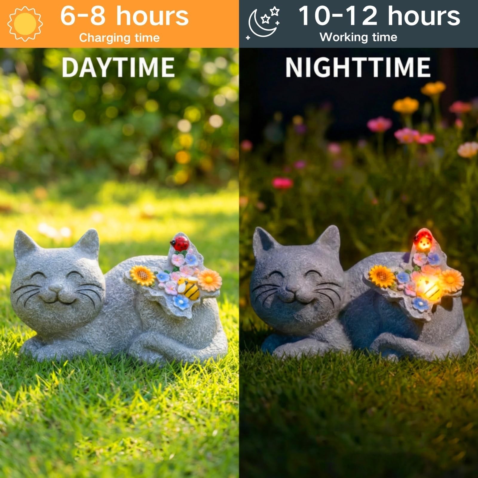 Solar Cat Garden Statue with LED Lights, Waterproof Resin Outdoor Cat Decor, …