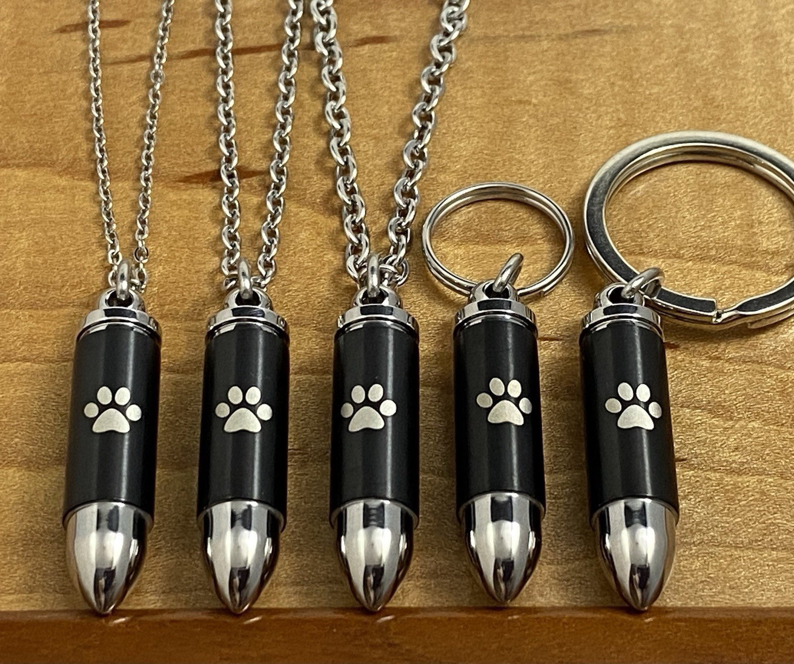 Mens Bullet Cremation Necklace Pendant Urn 4 Ashes SMALL VIAL Pet Paw Print Dog