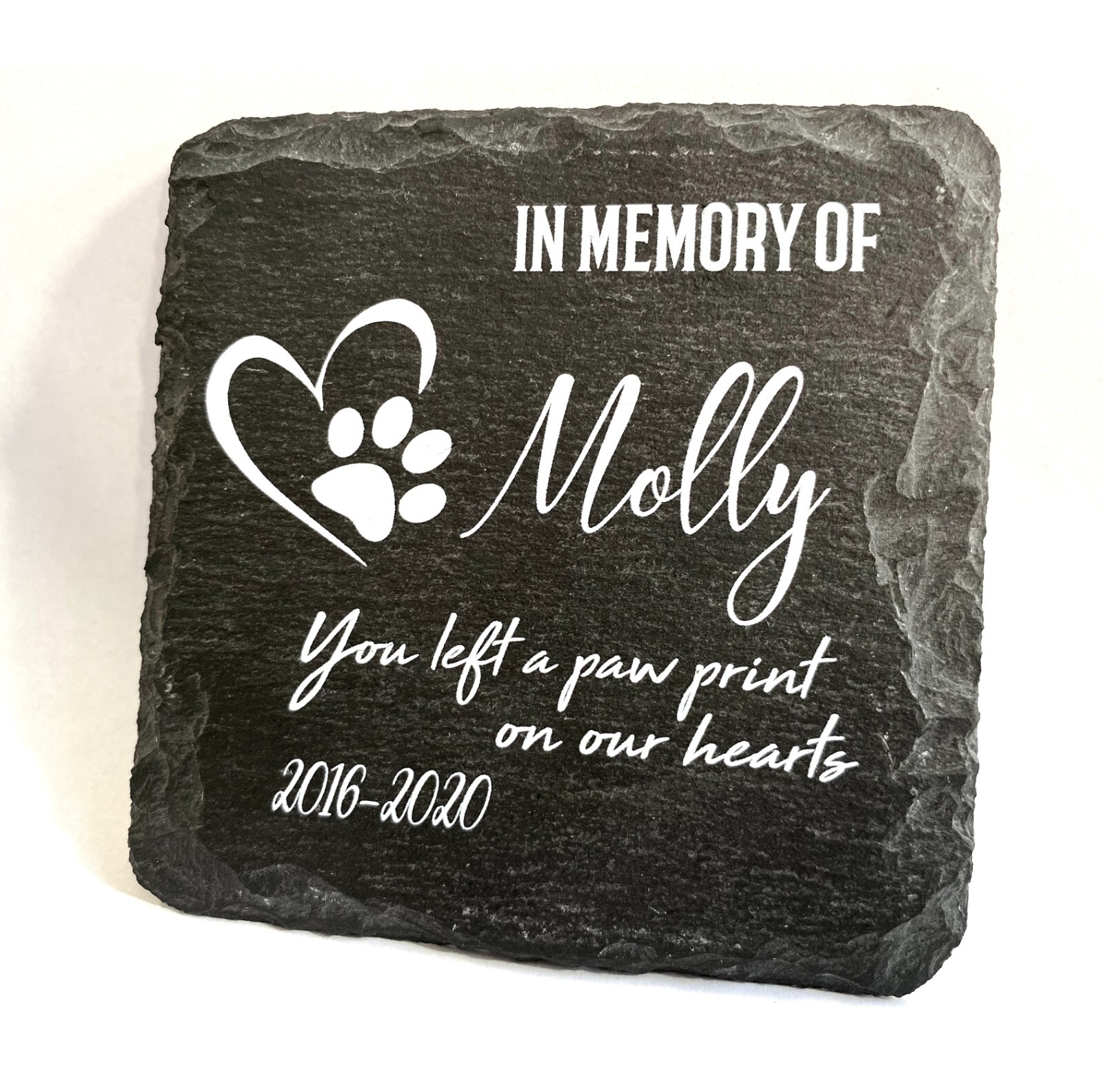 Personalised Pet Memorial Grave marker Heart & Paw Natural Slate stone 10×10 Cm
