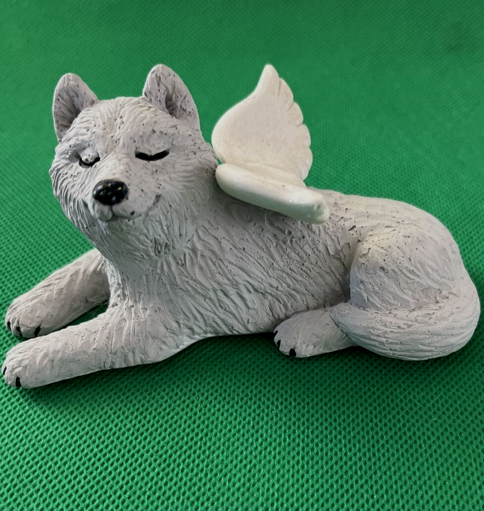 Ceramic Memorial Dog With Angel Wings & Eyes Closed Pet Remembrance Figure Gray