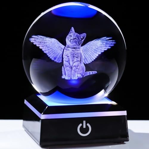 3D Cat Memorial Gift with LED Base – Angel Wing Crystal Ball for Cat Lovers, Sym