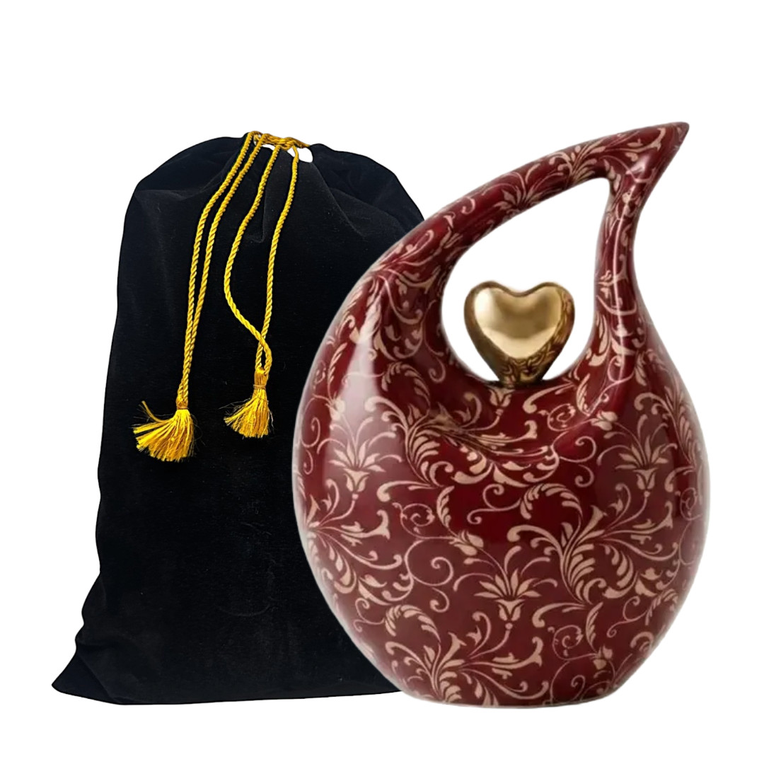 Large Maroon Floral Teardrop Cremation Urn for Human Ashes – 10″ Adult Memorial
