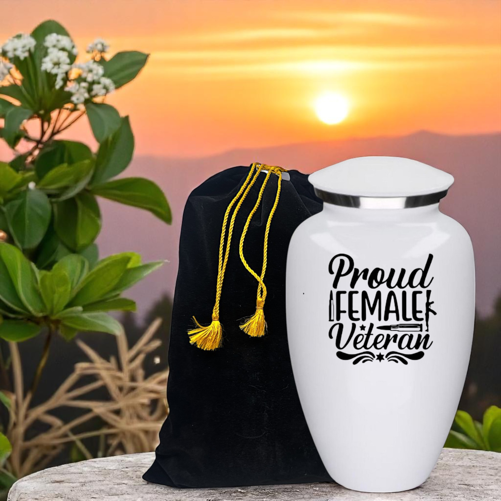 Proud Female Veteran White Metal Adult Cremation Urn 190 Cu In Urn w/ Bag