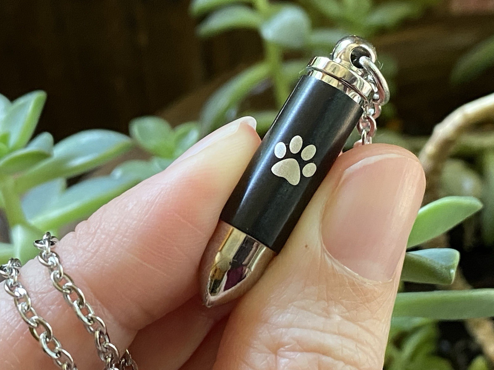 Mens Bullet Cremation Necklace Pendant Urn 4 Ashes SMALL VIAL Pet Paw Print Dog