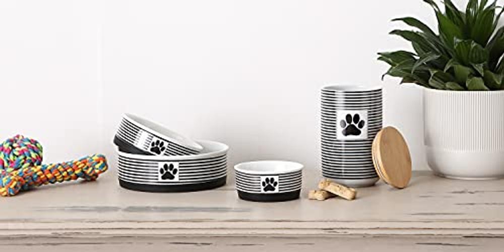 Ceramic Stripe Paw Pet Bowls Collection, Small Bowl Set, 4.25×2″ Black