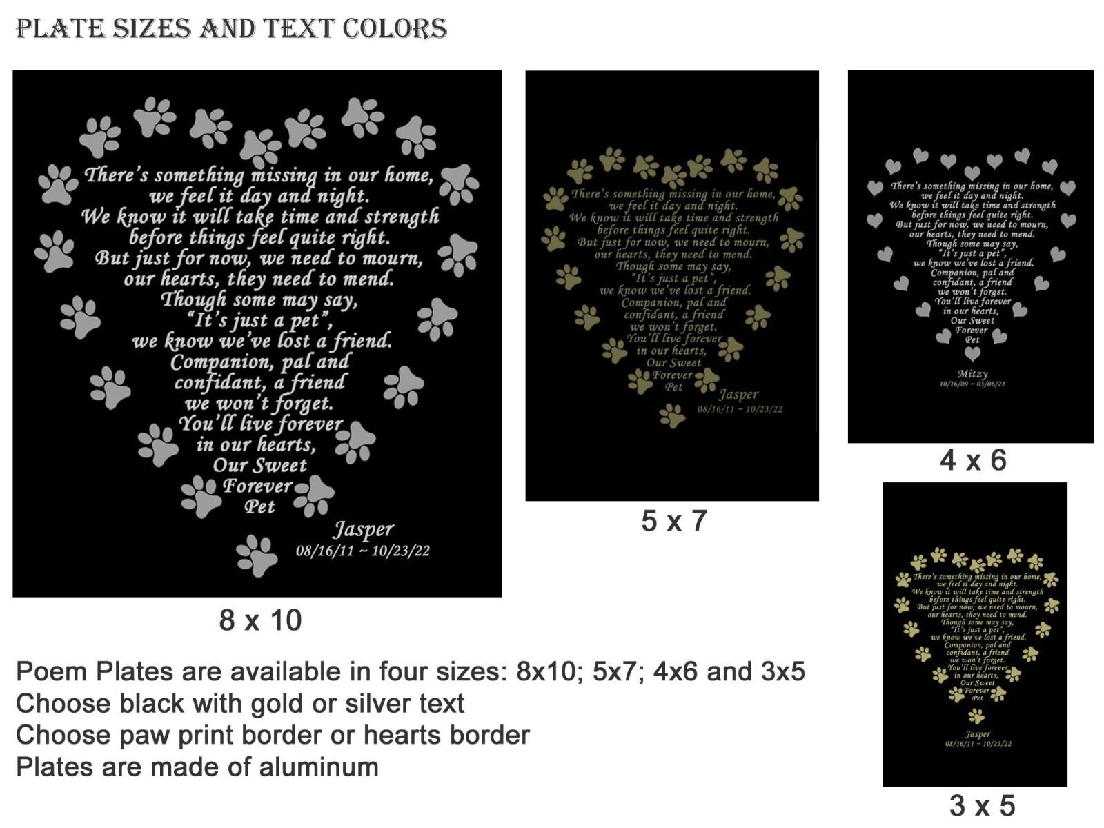 FOREVER PET Engraved Pet Memorial Poem Plate 4 Sizes To Choose Dog Cat Any Pet