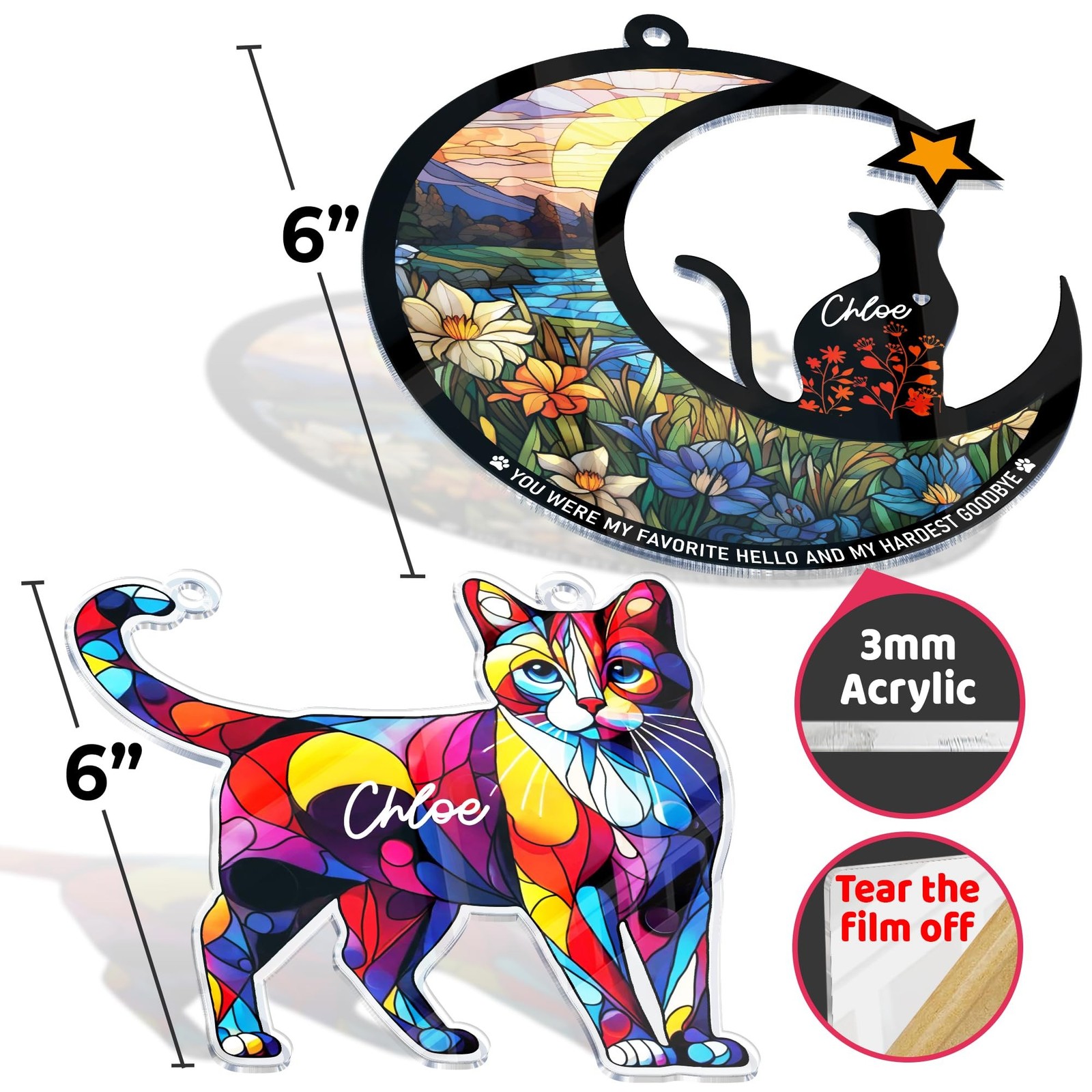 2 Pack 6″ Cat Memorial Gift, Acrylic Cat Suncatcher for Window Hanging, Remem…