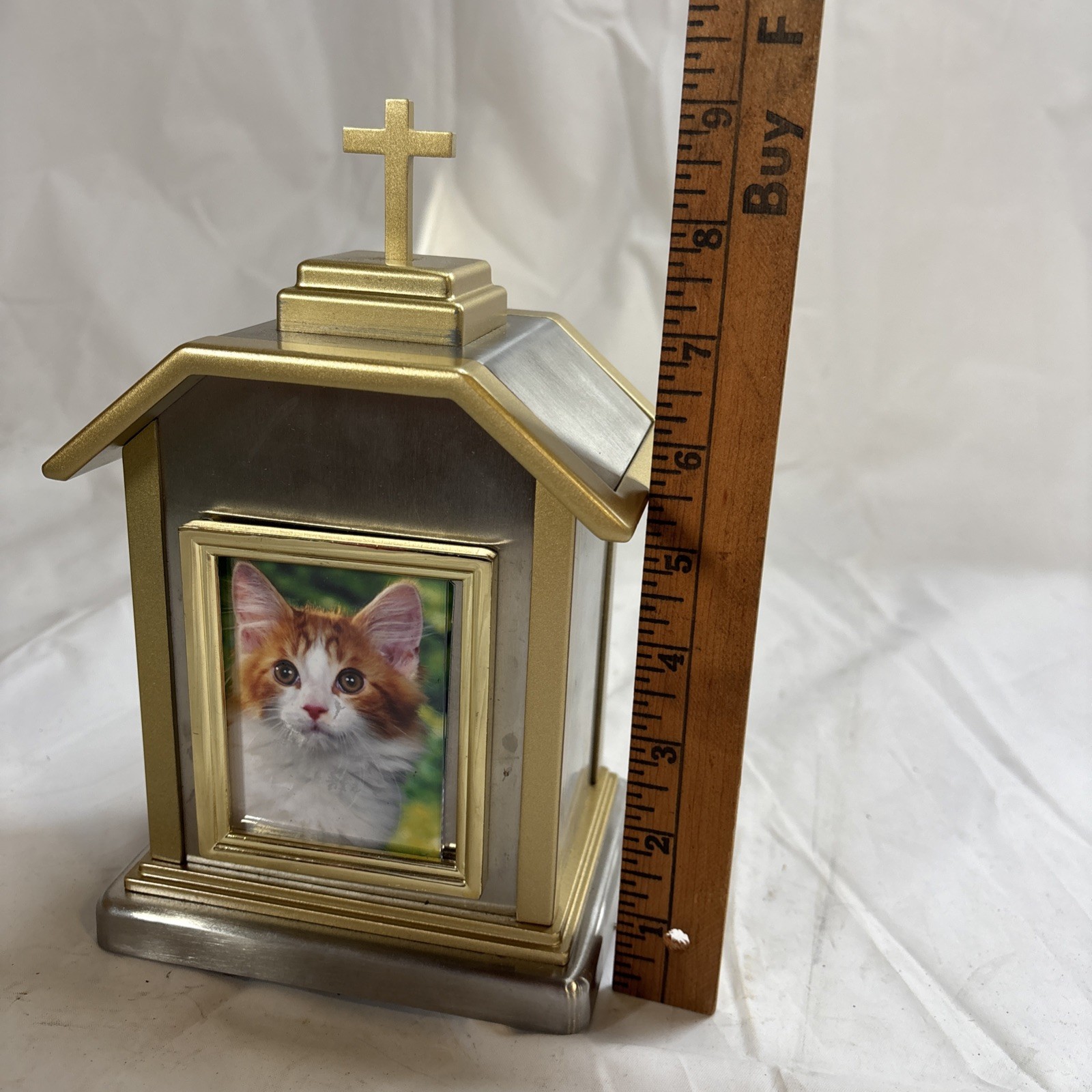 Pet Urn Brushed Chrome and Gold Color Trim Dog / Cat Cremation Urn Cross Journey