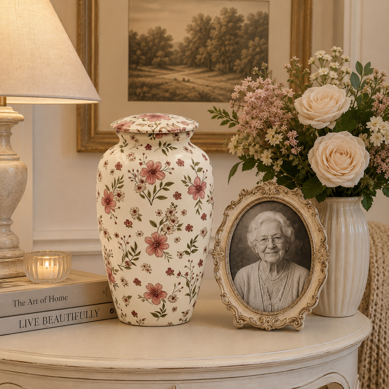 Large Adult Cremation Urn Ashes Pink Floral Design 190 Cu In Funeral Urns 10.5″