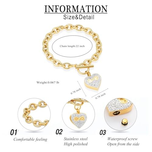 Infinity Heart Cremation Bracelet for Ashes – Stainless Steel Urn Bangles Gold