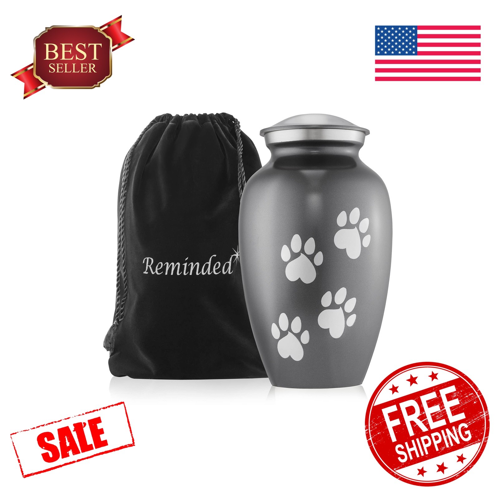Reminded Brass Pet Urn Paw Print Gray Medium