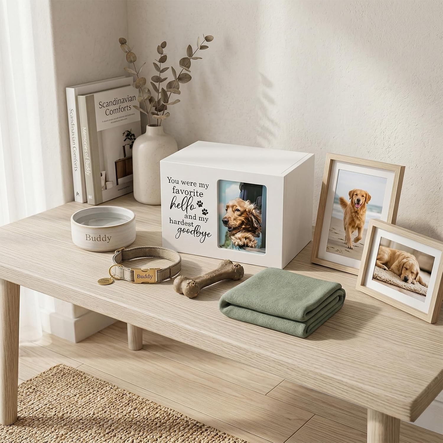 Sympathy Urn for Dog Loss White Wooden Pet Memorial Box with Photo Insert
