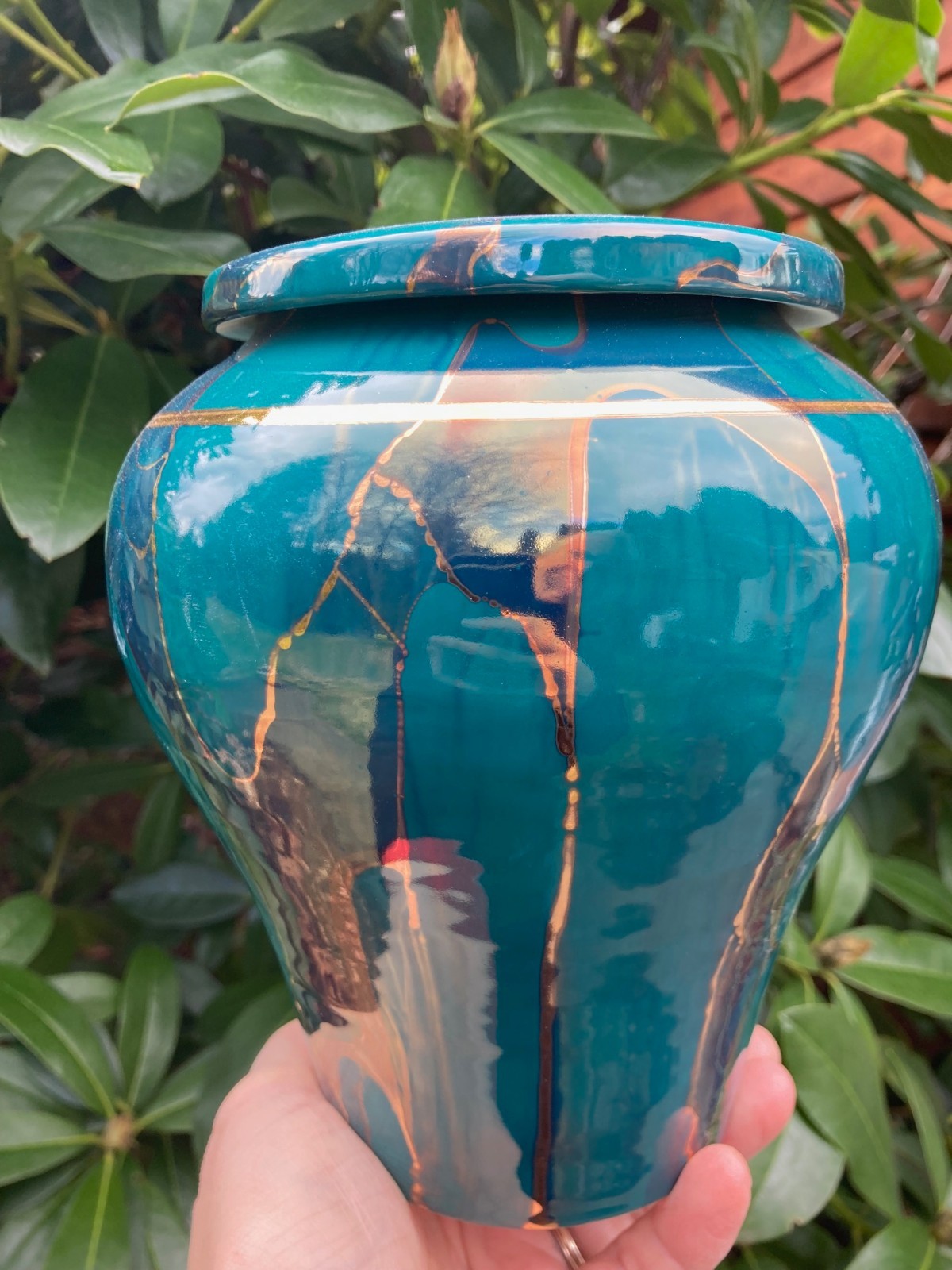 Handmade Ceramic Cremation Urn, Keepsake Vessel in Teal w/Gold, 150 cubic inch