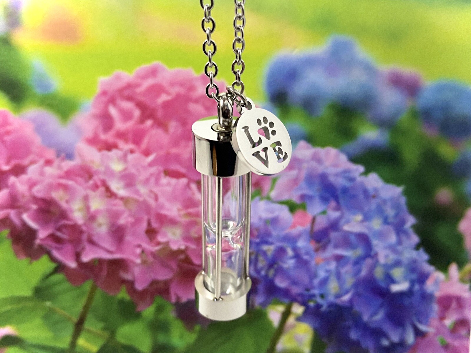 Pet Cremation Jewelry Urn Necklace Hourglass for Ashes Dog Cat LOVE Paw Print