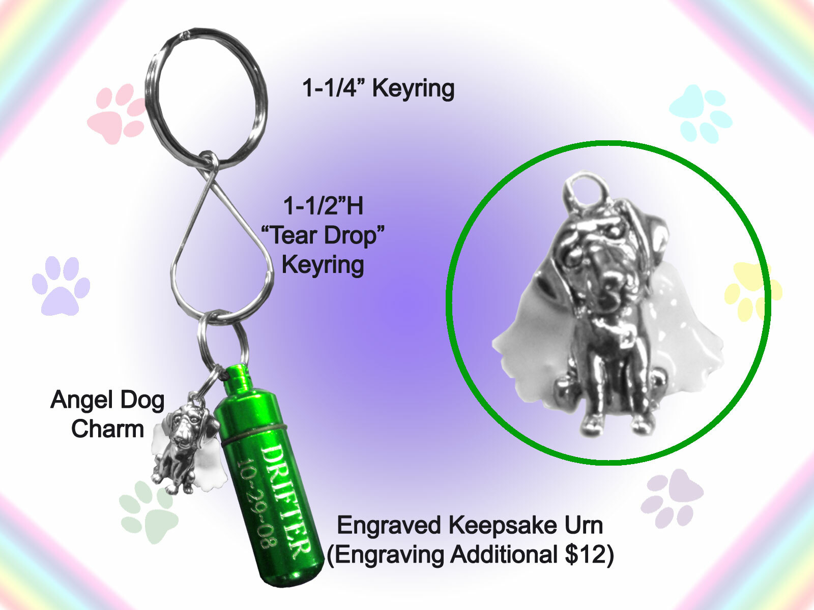 Pet Keepsake Urn Key Ring Dog Angel Memorial Choice of Colors and Engraving