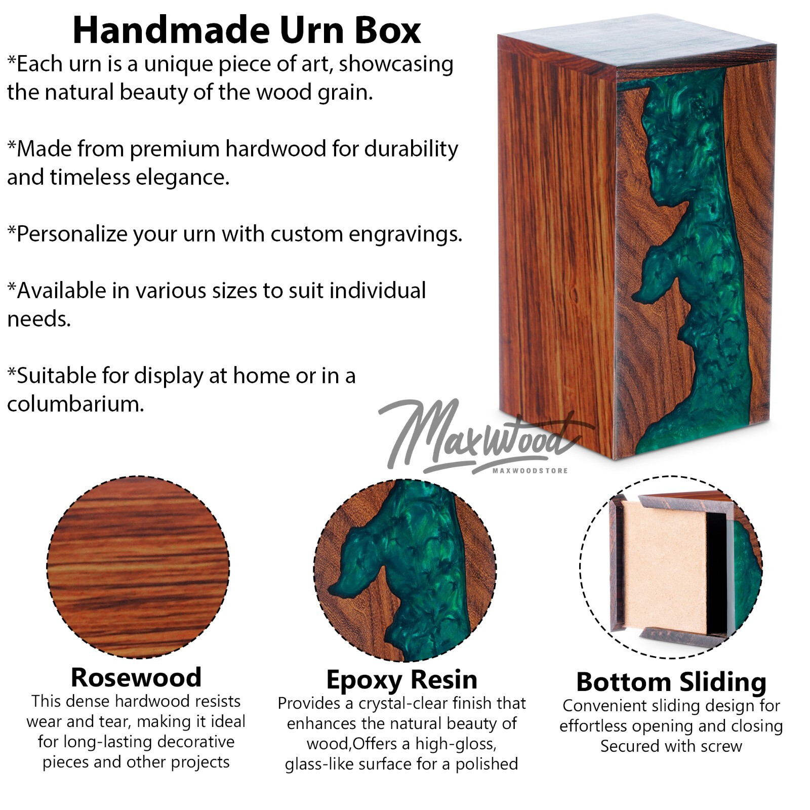 Wooden Urn Box Rosewood And Green Resin Memorial Urn Box For Human Ashes