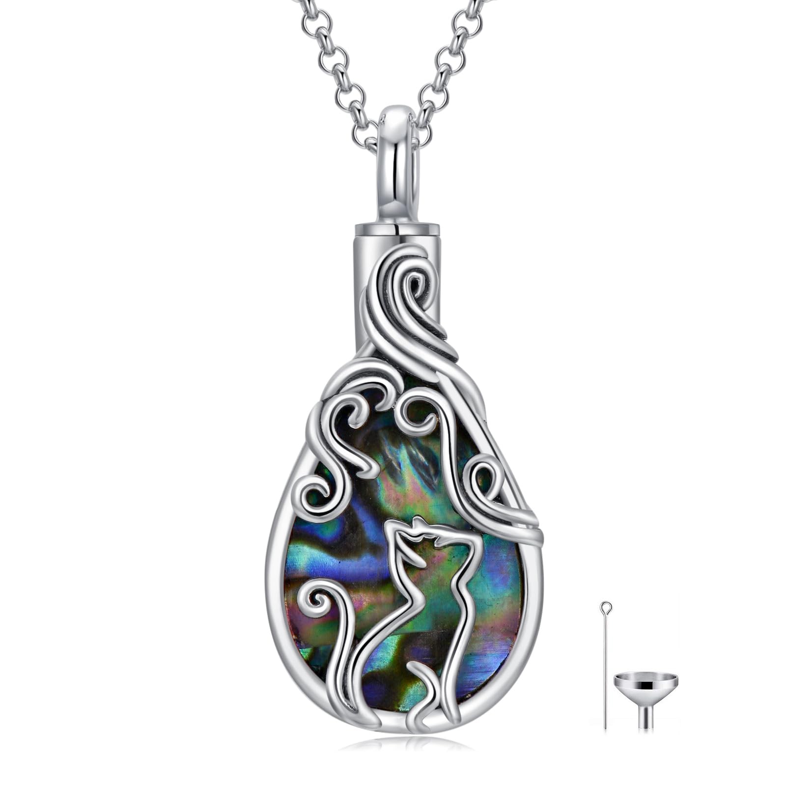 PELOVNY Cat Ashes Necklace 925 Sterling Silver Teardrop Abalone Pet Urn Neckl…