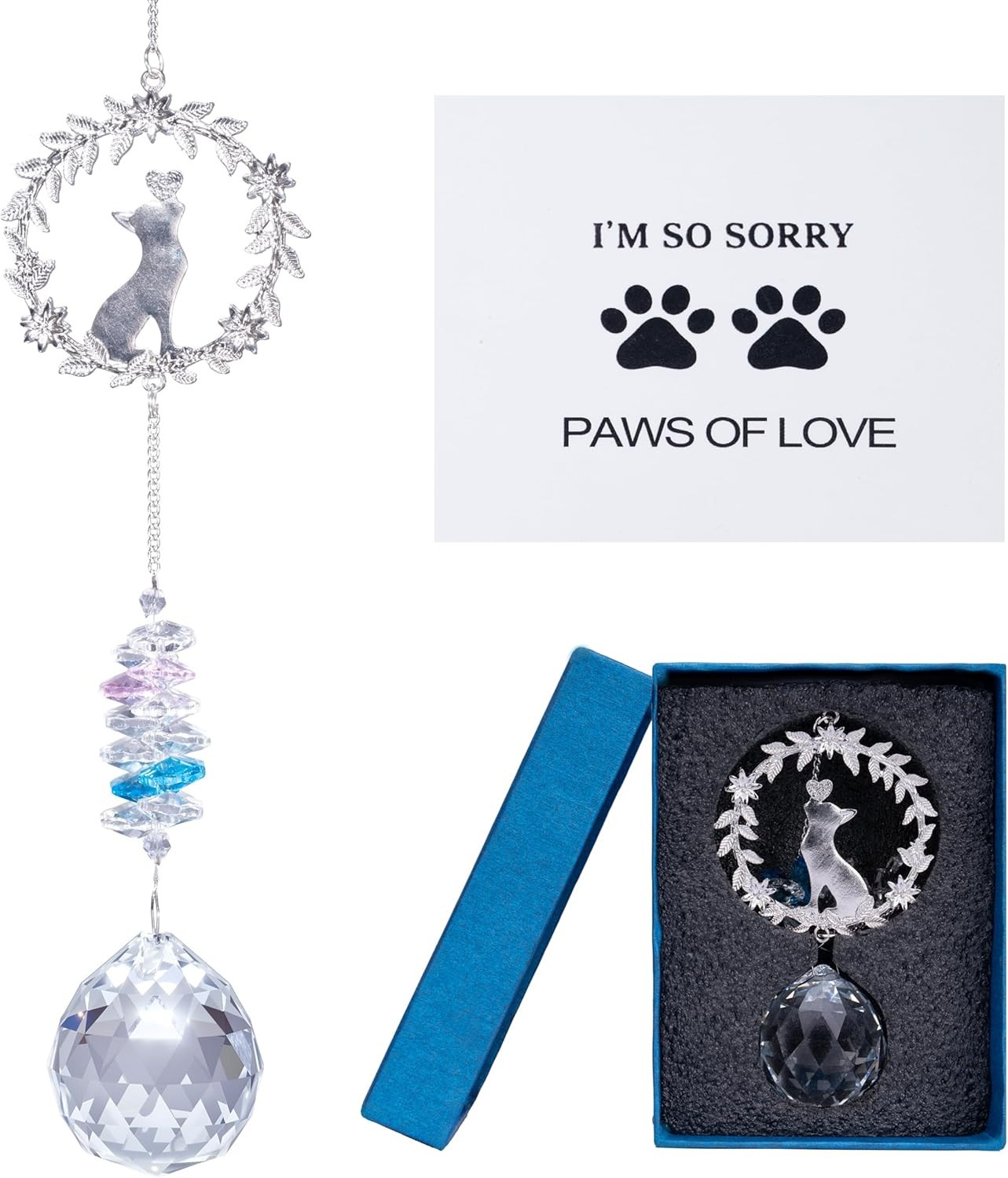 Pet Memorial Suncatcher – 3D Wreath & Crystal Prism, With Card and Gift Box