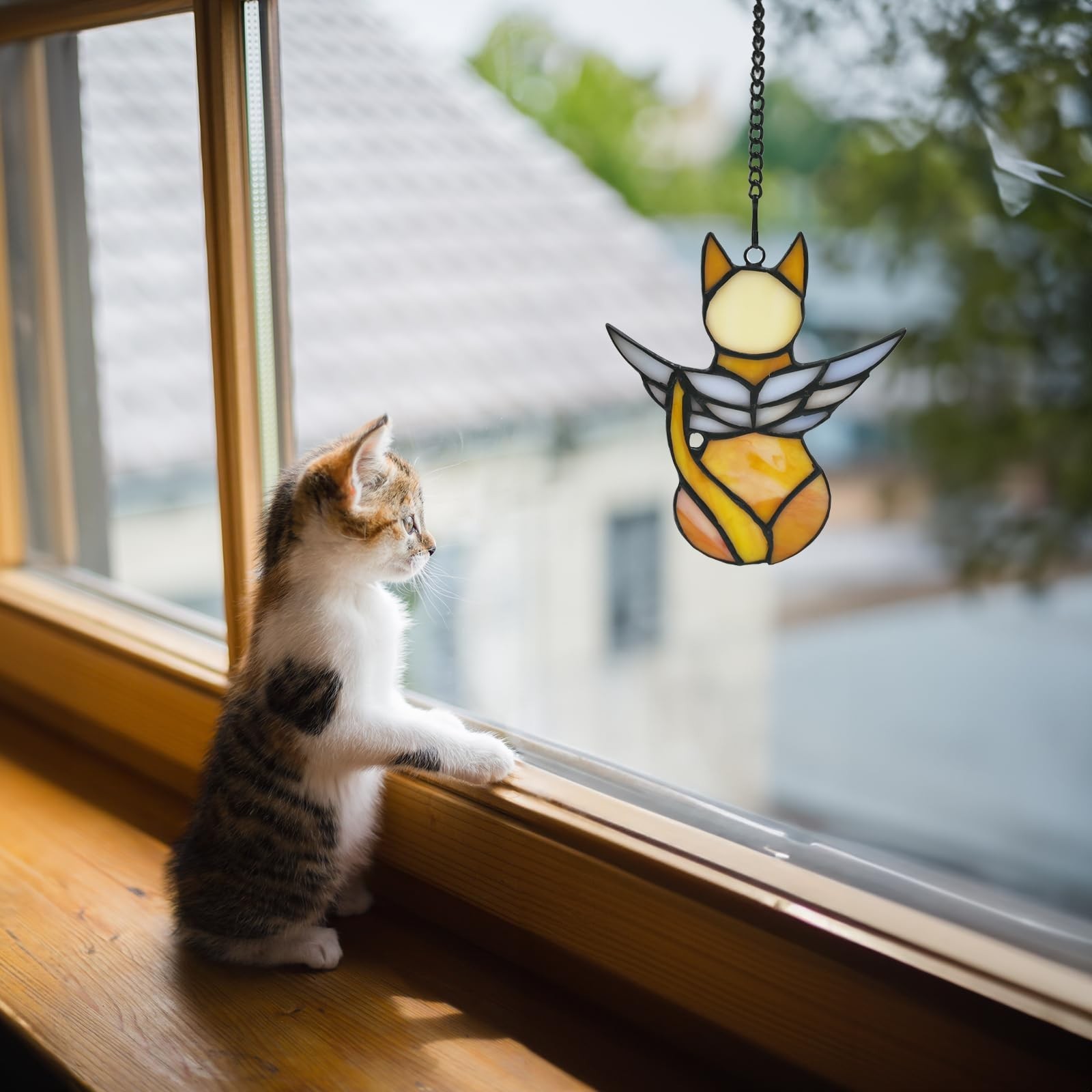 Handcrafted Stained Glass Orange Angel Cat Suncatcher – Pet Memorial Gift wit…