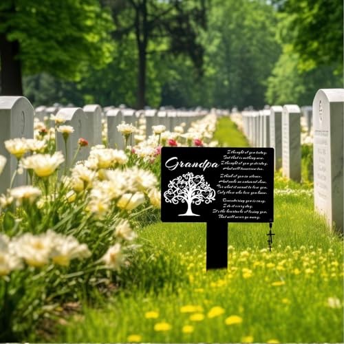 Memorial Metal Grave Marker, Waterproof Cemetery Decorations with Cross Grandpa