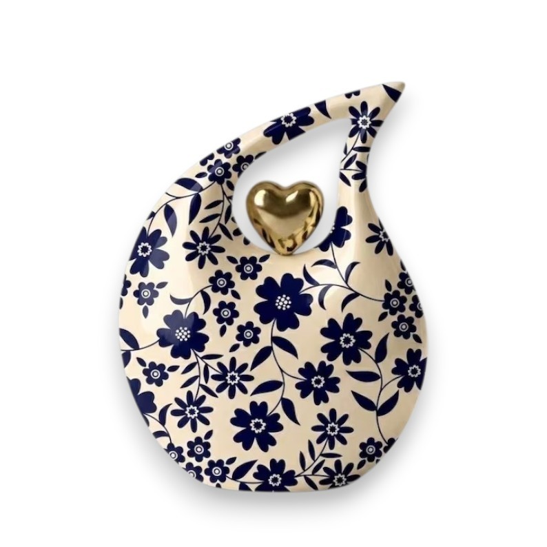 Blue Daisy Floral Aluminum Cremation Urn 200 Cu In Adult Ashes Gold Heart