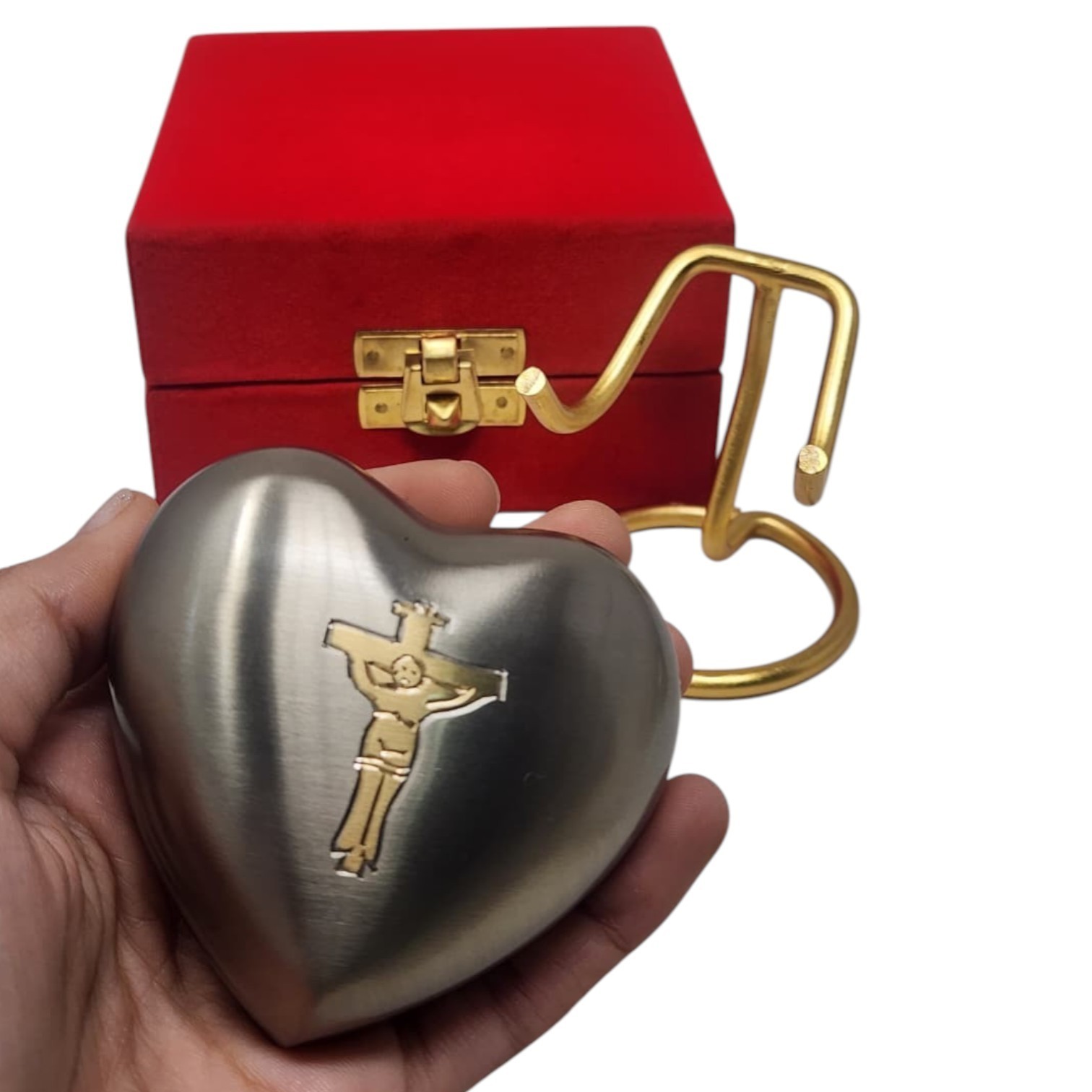Christian Cross Heart Urn for Ashes Grey Memorial Cremation Keepsake with Box