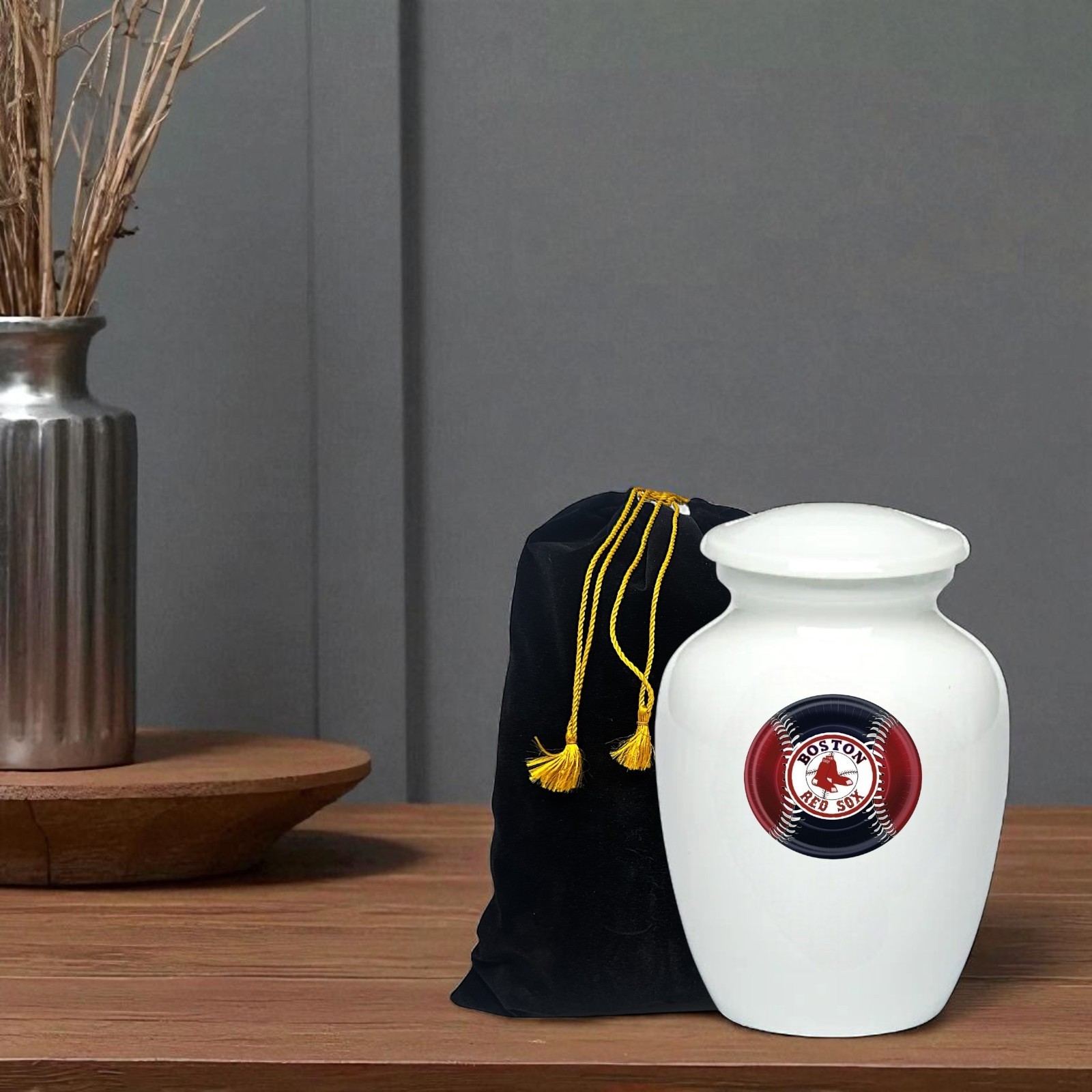 Boston Red Sox Baseball Style Cremation Urn Adult Ashes Metal White Urns 8 Inch
