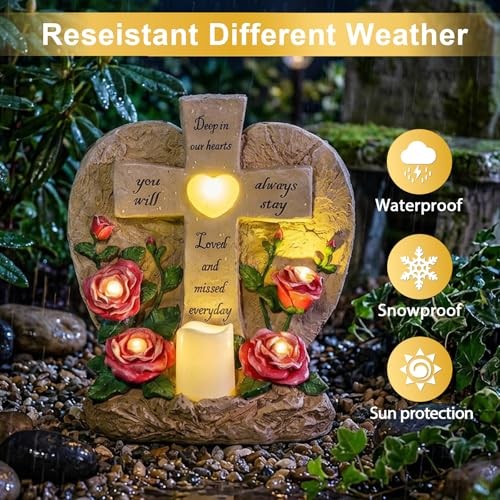 Memorial Garden Stone Cross with LED Lights – Sympathy Gift, Heart Rose Design