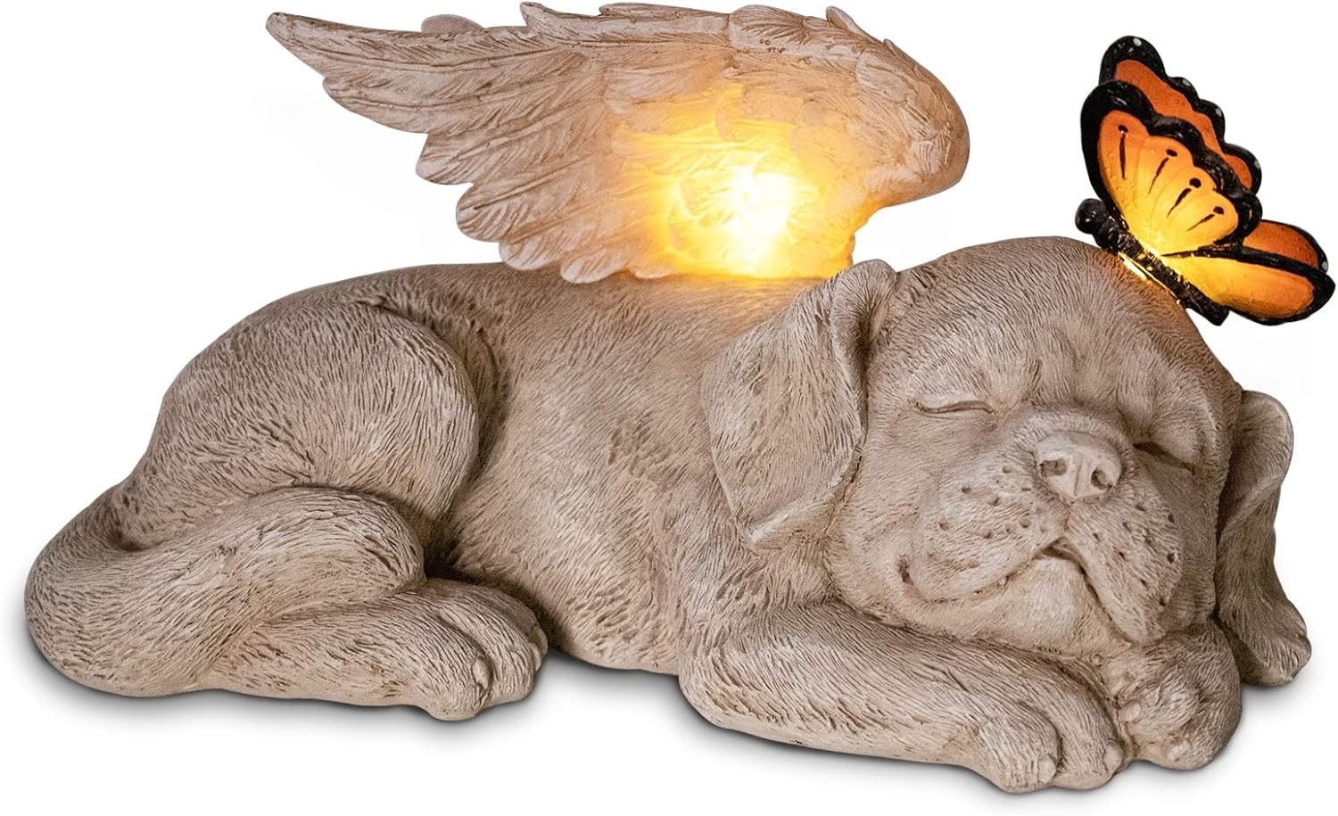 Beautifully Hand-Painted Sleeping Dog Angel Statue with Solar Illumination