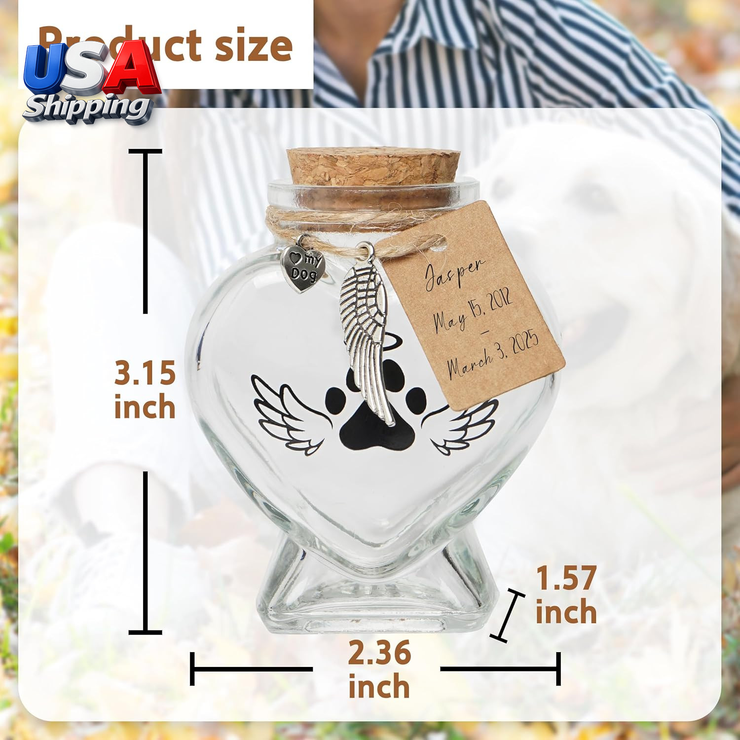 Pet Memorial Gift for Loss of Dog or Cat, Heart Shape Glass Jar & Bottle for Fu