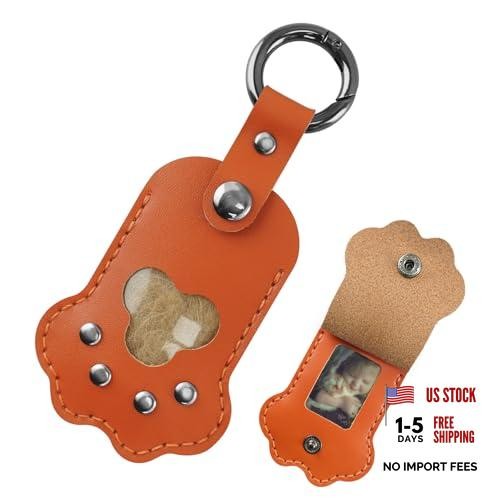 Pet Memorial Keychain,Dog Hair Keychain, Handmade Full Grain Sunset Orange