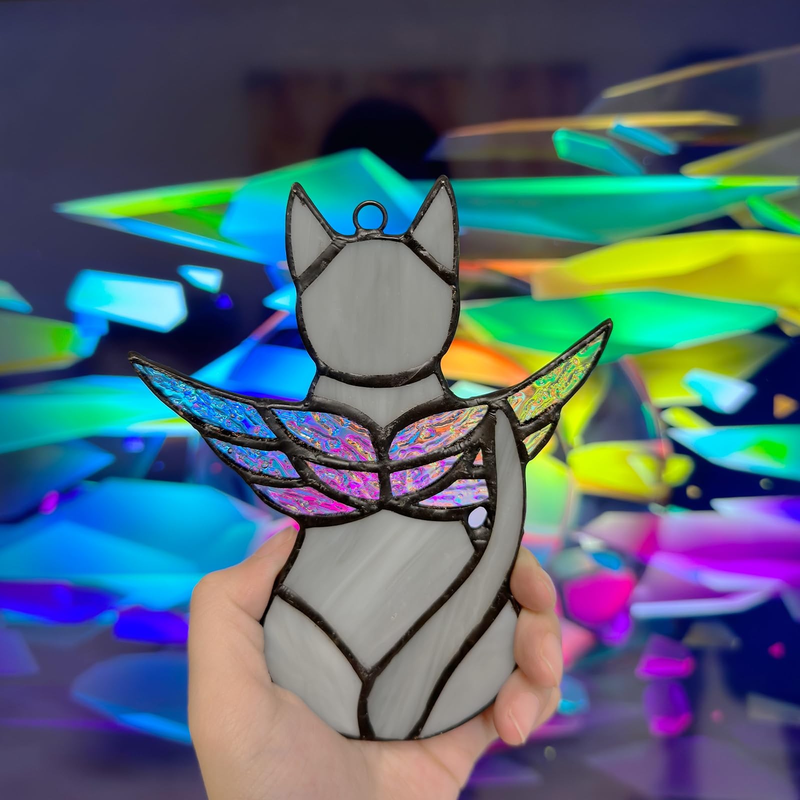 FLUFFYCAPTAIN Stained Glass Grey Angel Cat Suncatcher Pet Memorial Handcrafted