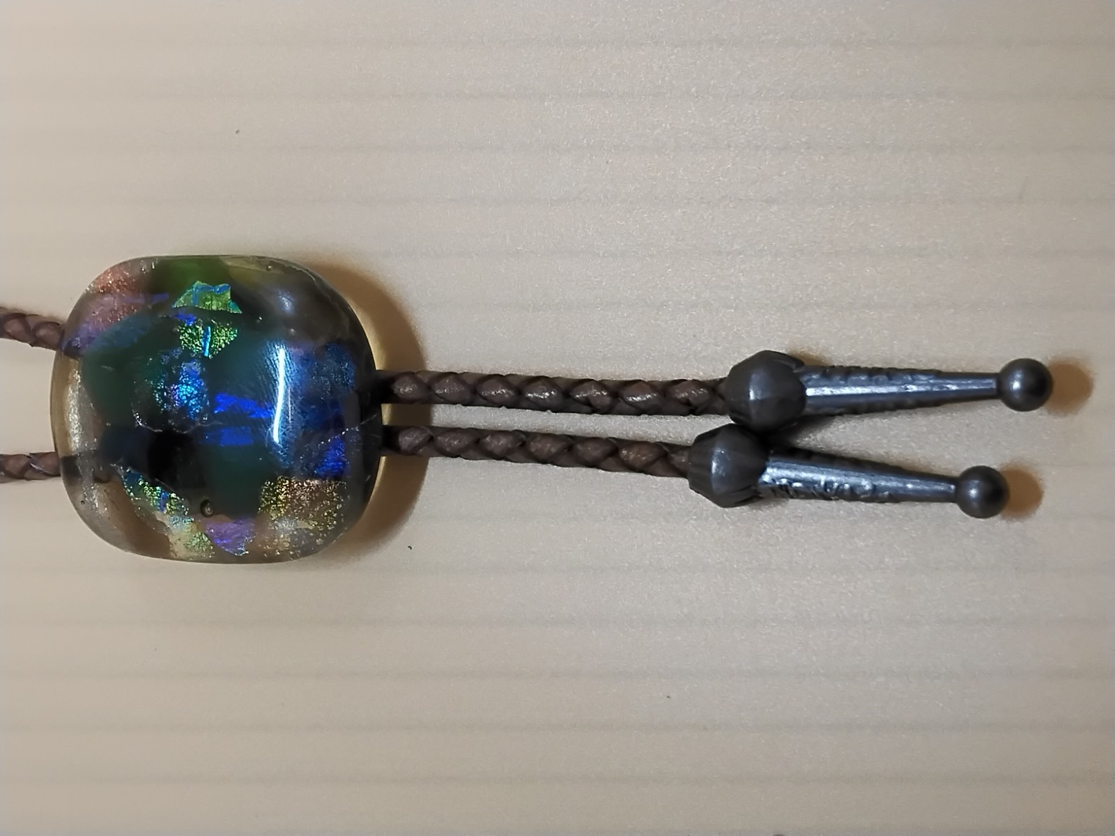 Dichroic Bolo for Pet Cremation Urn | Memorial Bolo | Tan Genuine Leather