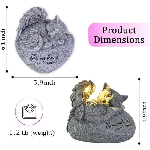 Cat Angel Memorial Garden Statue, Pet Memorial Stone with Solar Lights，Cat
